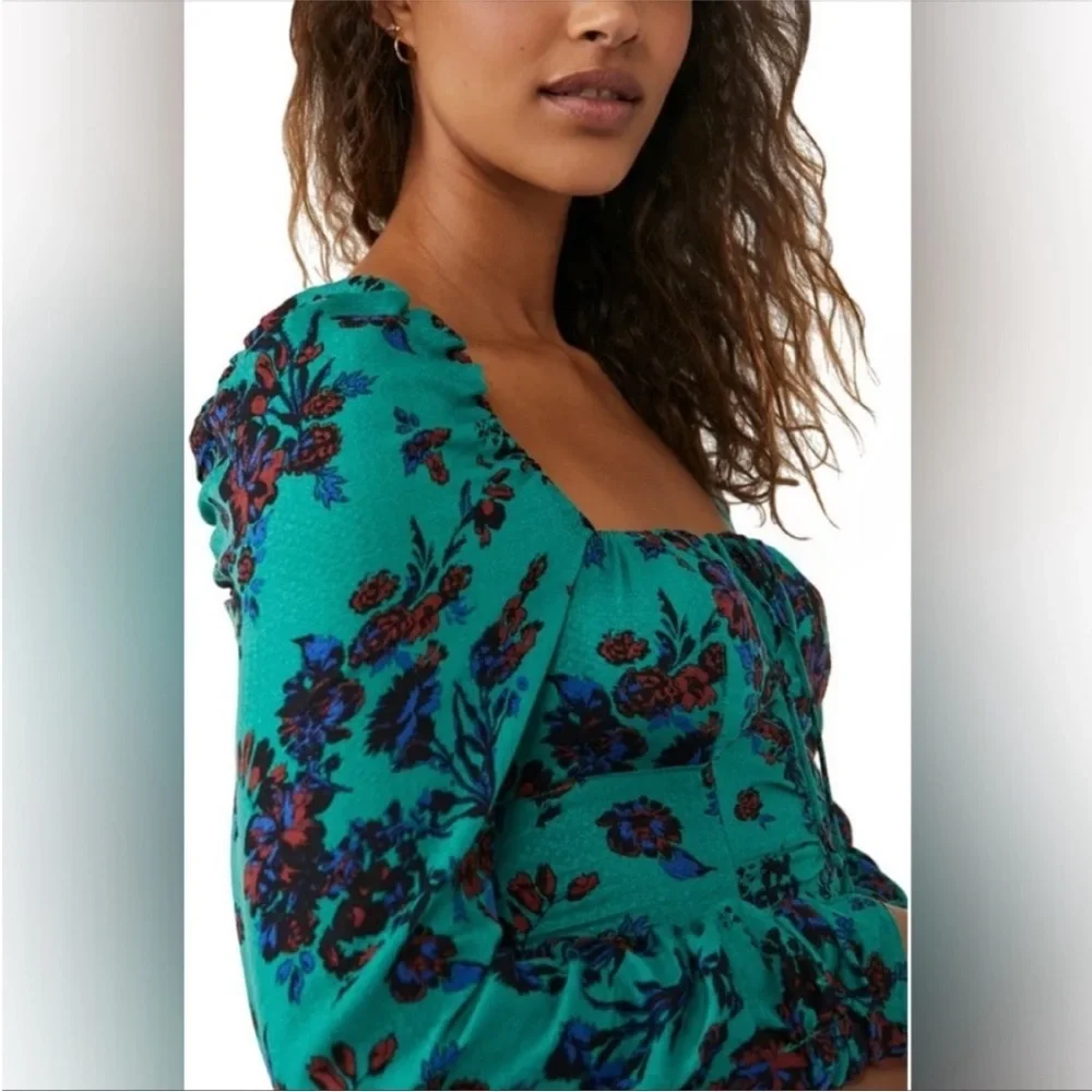 NWT FREE PEOPLE Hilary top shirt size S green combo smocking longsleeve - Picture 3 of 8